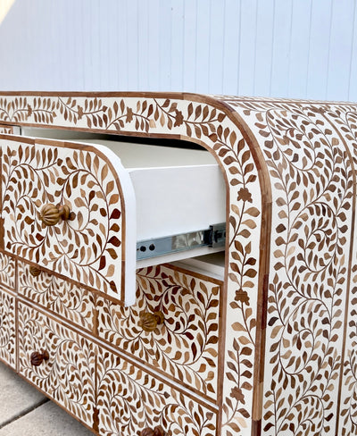 Teak Inlay Curved Chest of 6 Drawers - Floral Pattern