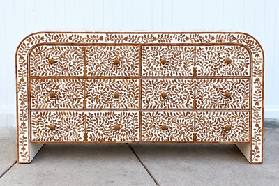 Teak Inlay Curved Chest of 6 Drawers - Floral Pattern