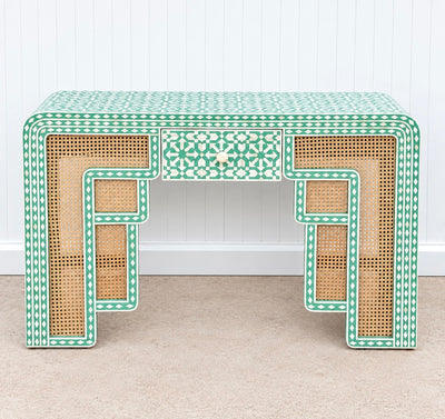 Bone Inlay Rattan Console - Seafoam Green Moroccan