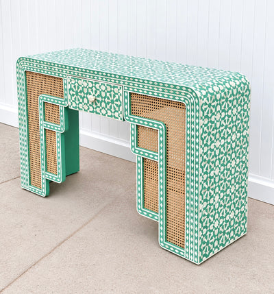 Bone Inlay Rattan Console - Seafoam Green Moroccan