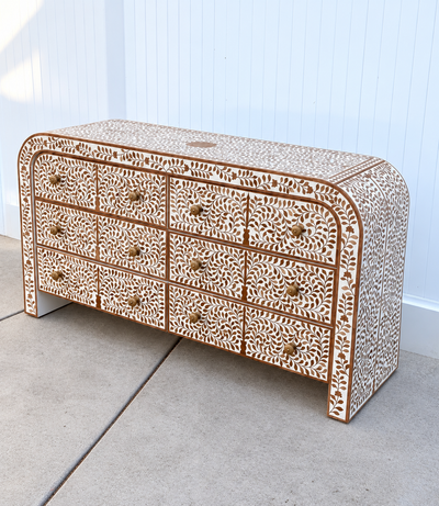 Teak Inlay Curved Chest of 6 Drawers - Floral Pattern