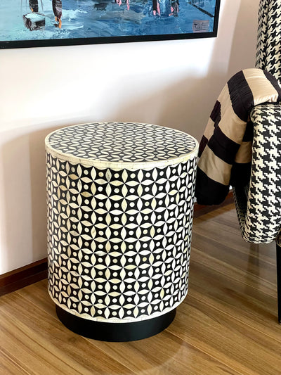 Bone Inlay Round Side Table - Geometric