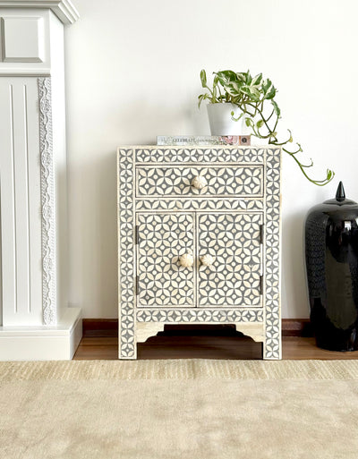 Bone Inlay Bedside Table - Grey Geometric