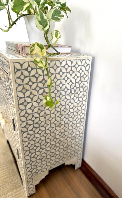 Bone Inlay Bedside Table - Grey Geometric