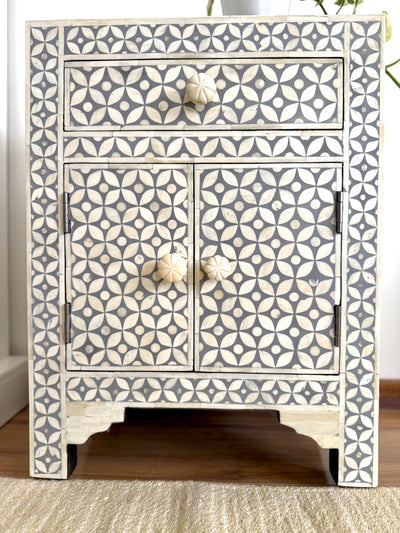 Bone Inlay Bedside Table - Grey Geometric