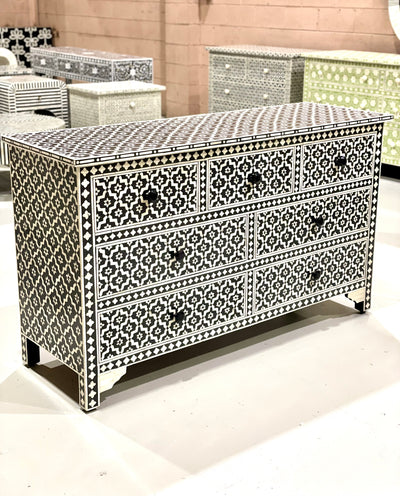 Bone Inlay Chest of 7 Drawers - Black Moroccan