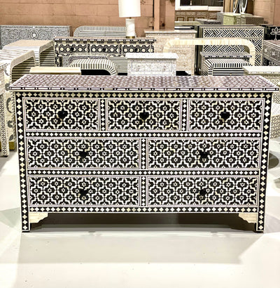 Bone Inlay Chest of 7 Drawers - Black Moroccan