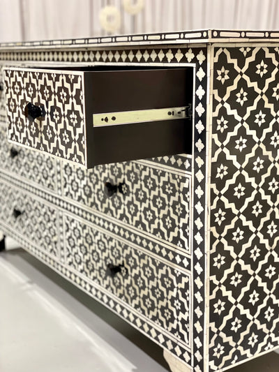 Bone Inlay Chest of 7 Drawers - Black Moroccan