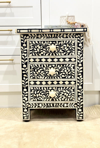 Bone Inlay Bedisde Table - Black Floral
