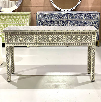 Bone Inlay 3 Drawer Console Table - Grey Moroccan