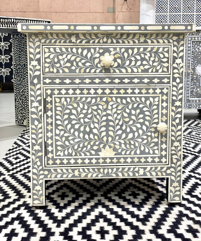 Bone Inlay Bedside Table - Grey Floral