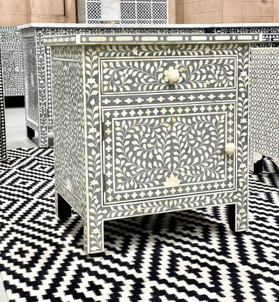 Bone Inlay Bedside Table - Grey Floral