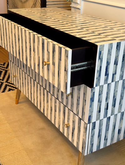 Bone Inlay 3 Drawers Scandinavian Chest With Wooden Legs - Dyed Blue Stripe