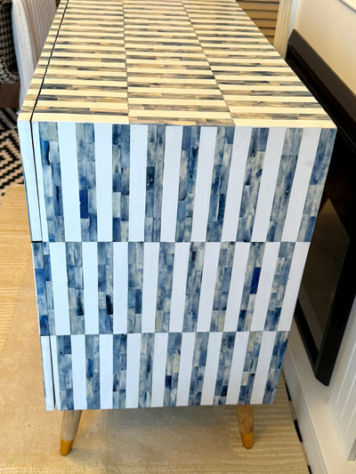 Bone Inlay 3 Drawers Scandinavian Chest With Wooden Legs - Dyed Blue Stripe
