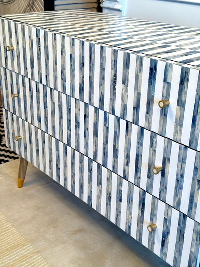 Bone Inlay 3 Drawers Scandinavian Chest With Wooden Legs - Dyed Blue Stripe