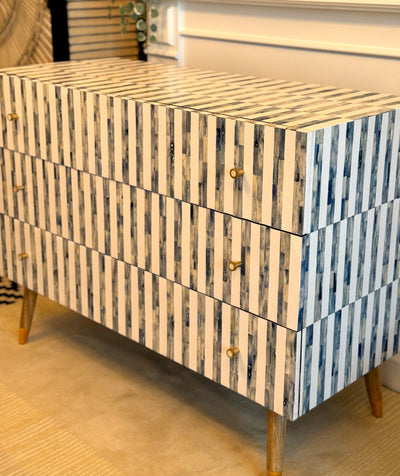Bone Inlay 3 Drawers Scandinavian Chest With Wooden Legs - Dyed Blue Stripe