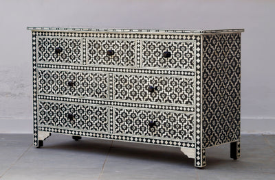 Bone Inlay Chest of 7 Drawers - Black Moroccan
