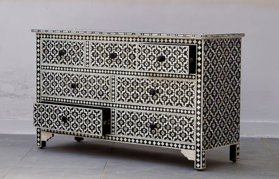 Bone Inlay Chest of 7 Drawers - Black Moroccan