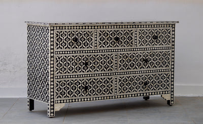 Bone Inlay Chest of 7 Drawers - Black Moroccan