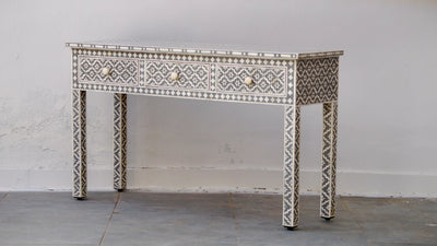 Bone Inlay 3 Drawer Console Table - Grey Moroccan
