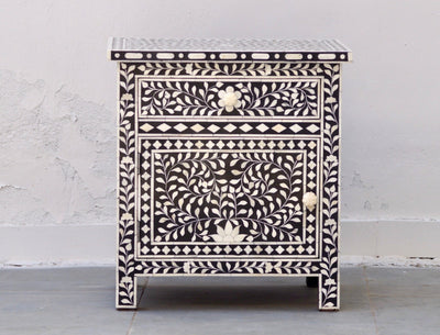 Bone Inlay Bedside Table - Black Floral