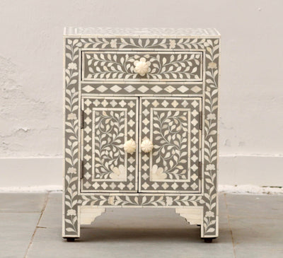 Bone Inlay Bedisde Table - Grey Floral