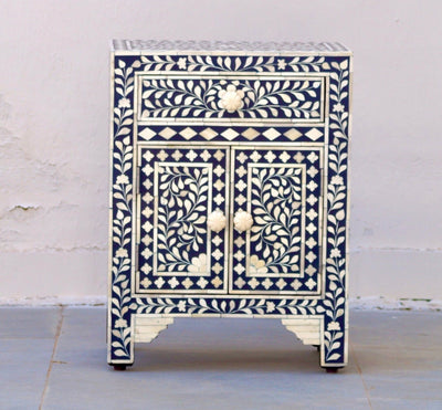 Bone Inlay Bedisde Table - Navy Floral