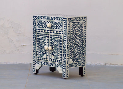Bone Inlay Bedisde Table - Navy Floral