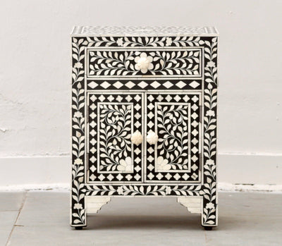 Bone Inlay Bedisde Table - Black Floral