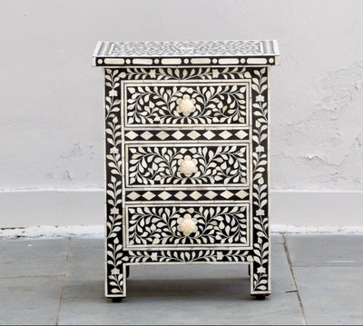 Bone Inlay Bedisde Table - Black Floral