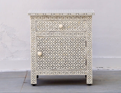 Bone Inlay Bedside Table - Grey Geometric