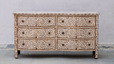 Teakwood Inlay French Chest of 6 Drawers - Floral Pattern
