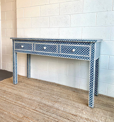 BONE INLAY 3 DRAWER CONSOLE - NAVY BLUE SCALLOP