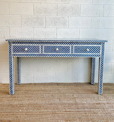 BONE INLAY 3 DRAWER CONSOLE - NAVY BLUE SCALLOP
