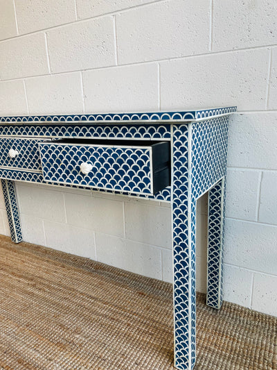 BONE INLAY 3 DRAWER CONSOLE - NAVY BLUE SCALLOP