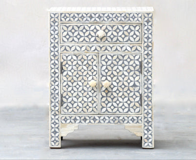 Bone Inlay Bedside Table - Grey Geometric