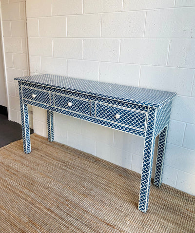 BONE INLAY 3 DRAWER CONSOLE - NAVY BLUE SCALLOP