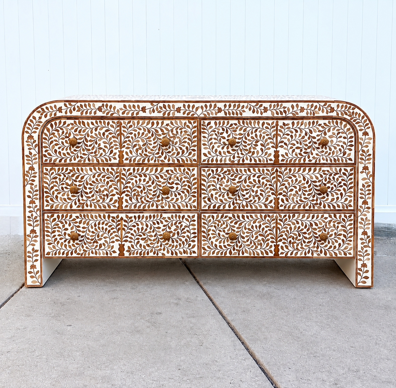 Teak Inlay Curved Chest of 6 Drawers - Floral Pattern