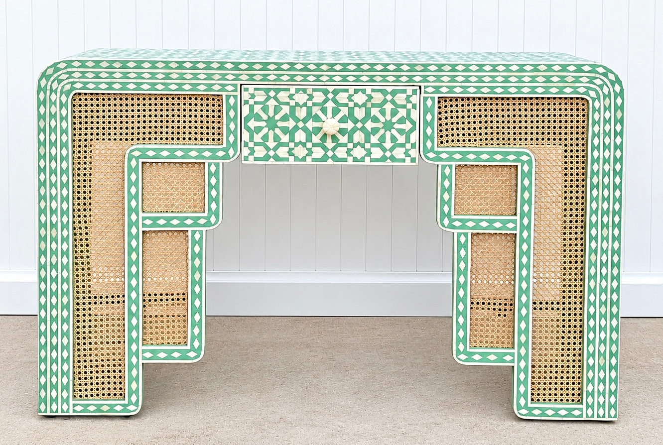 Bone Inlay Rattan Console - Seafoam Green Moroccan