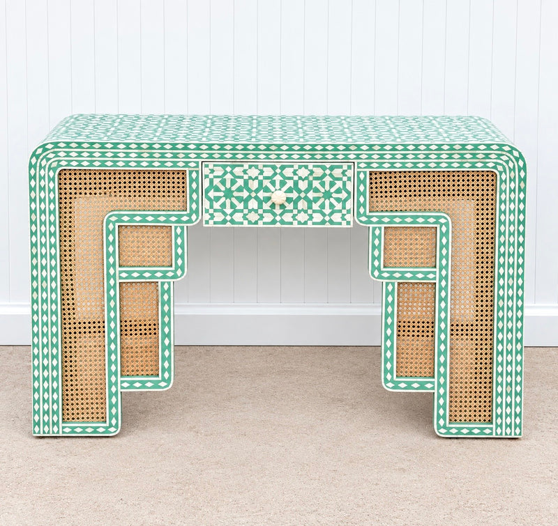 Bone Inlay Rattan Console - Seafoam Green Moroccan