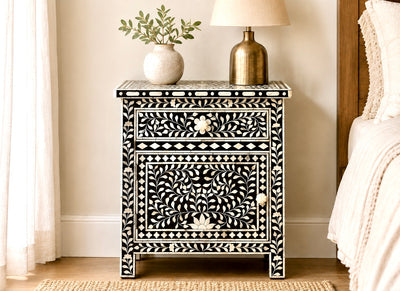 Bone Inlay Bedside Table - Black Floral