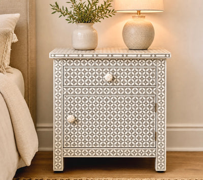 Bone Inlay Bedside Table - Grey Geometric