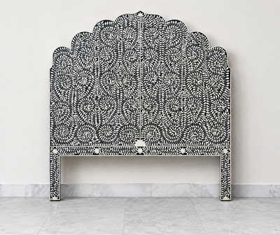 BONE INLAY QUEEN BEDFRAME - BLACK SCROLL VINE