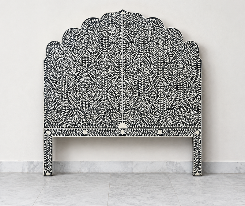 BONE INLAY QUEEN BEDFRAME - BLACK SCROLL VINE