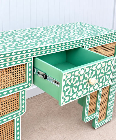 Bone Inlay Rattan Console - Seafoam Green Moroccan