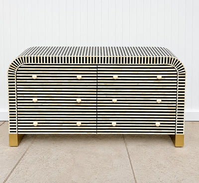 Bone Inlay 6 Drawers Curved Chest - Black Stripe