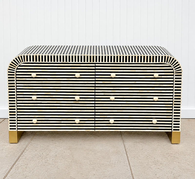 Bone Inlay 6 Drawers Curved Chest - Black Stripe