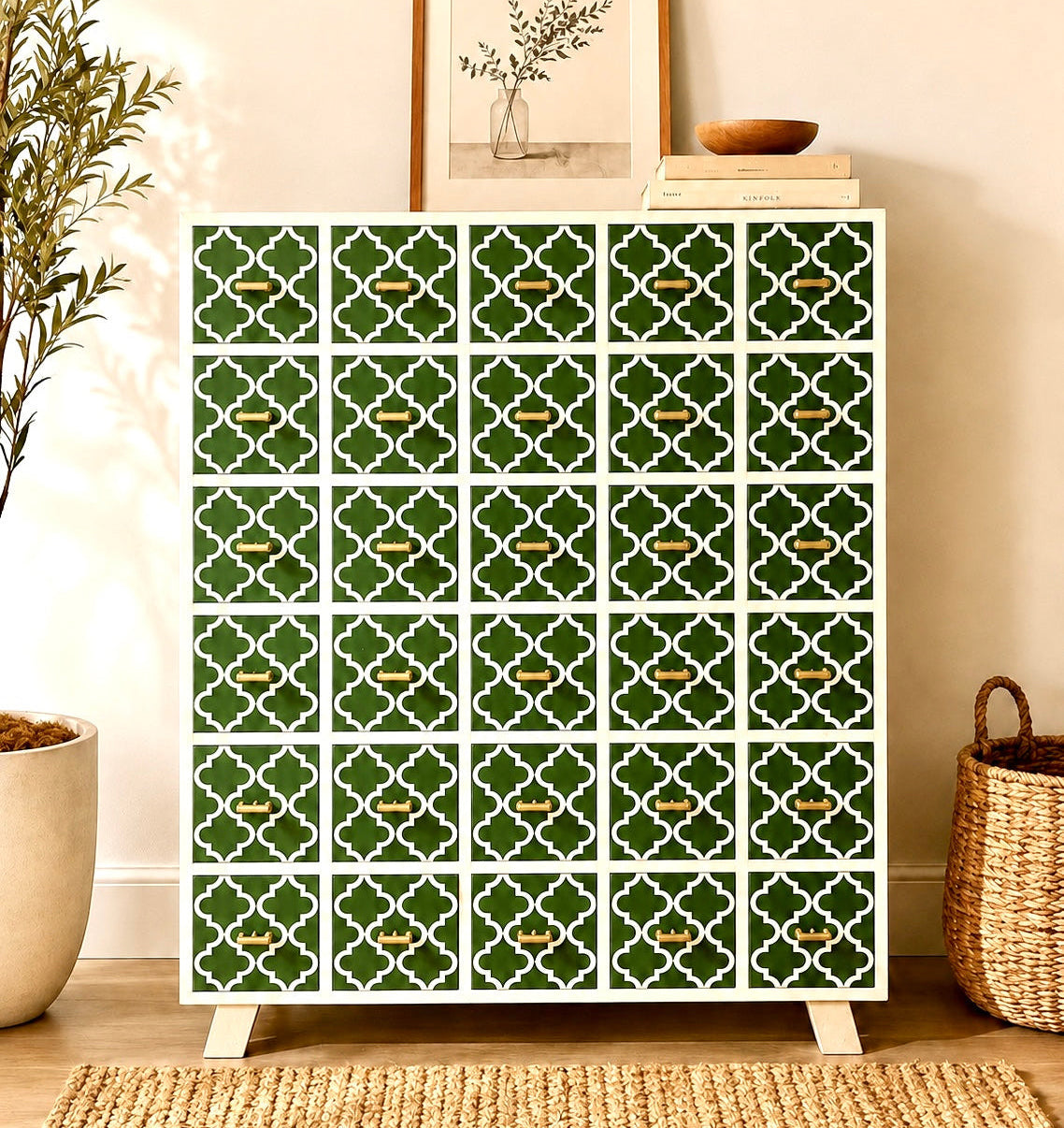 Bone Inlay Apothecary Drawers - Green Moroccan