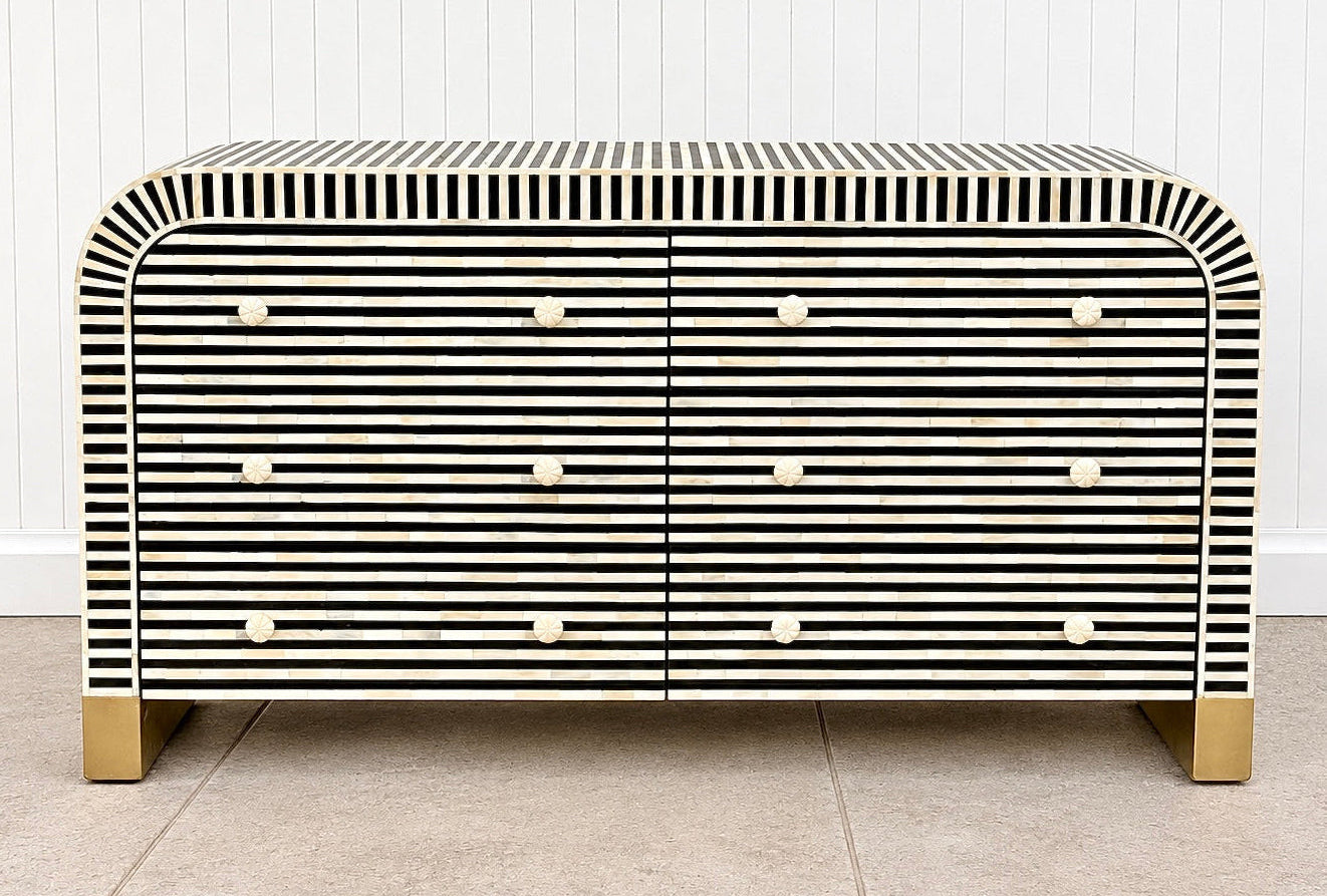 Bone Inlay 6 Drawers Curved Chest - Black Stripe