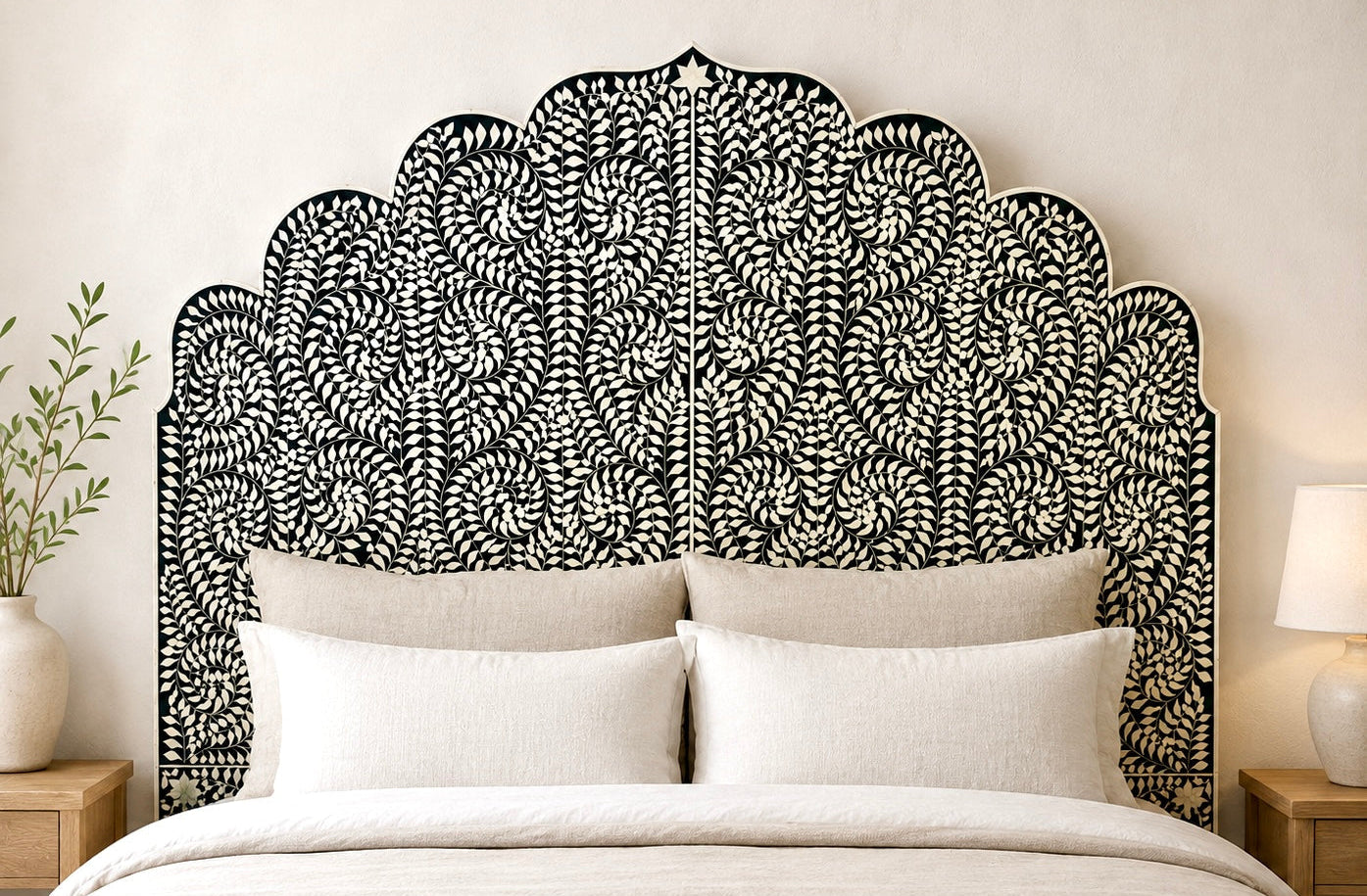 BONE INLAY QUEEN BEDFRAME - BLACK SCROLL VINE